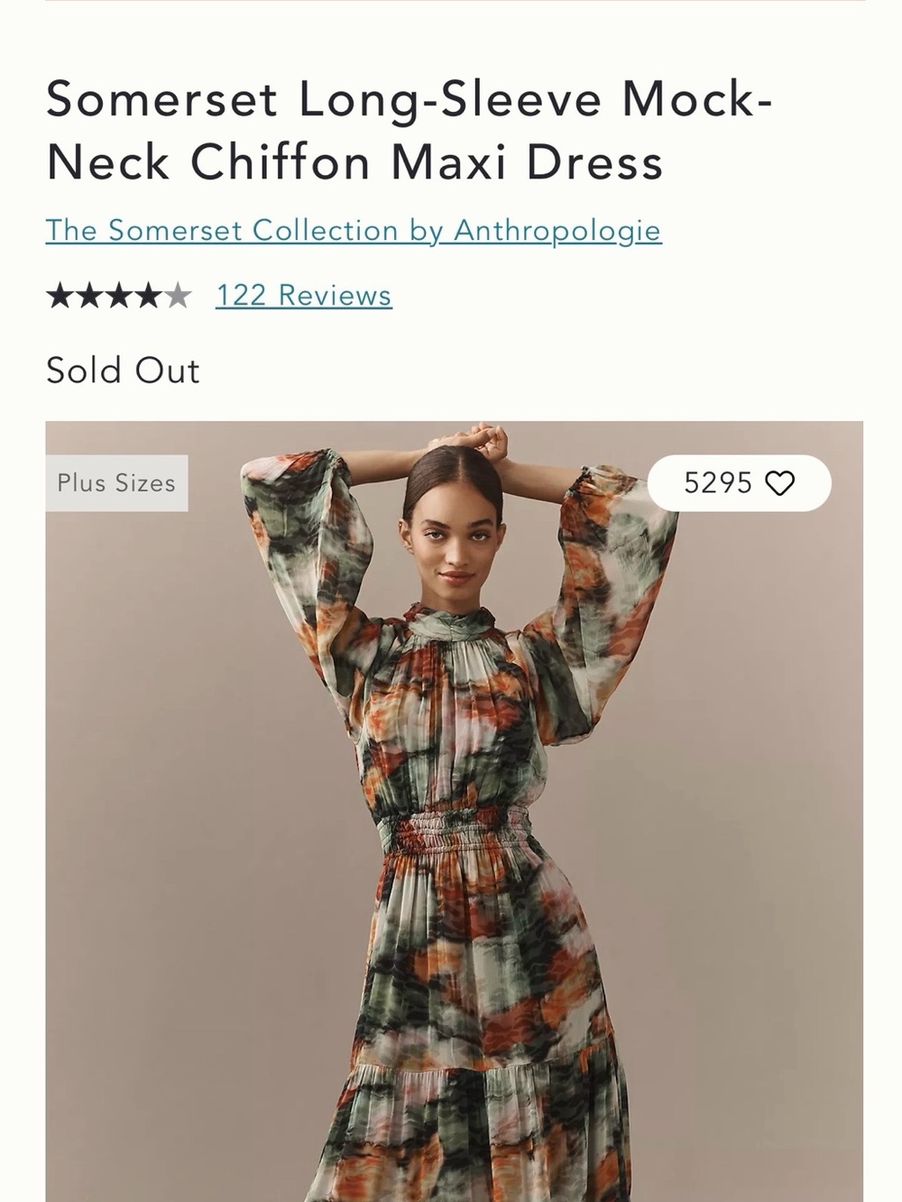 Anthropologie Mock Neck Smocked Balloon Sleeve Maxi Dress Sz Large Artsy Modest